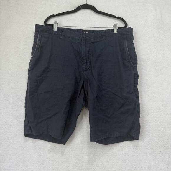 BOSS Hugo Boss Shorts Mens 38R Navy Blue 100% Linen Clyde-1-0-D Casual Summer - Picture 1 of 12
